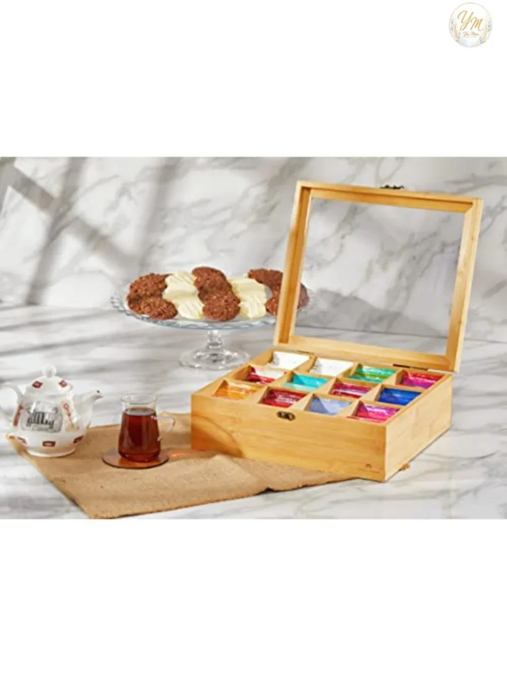Natural Bamboo Tea Storage Organizer with Clear Acrylic Window, 12 Compartments